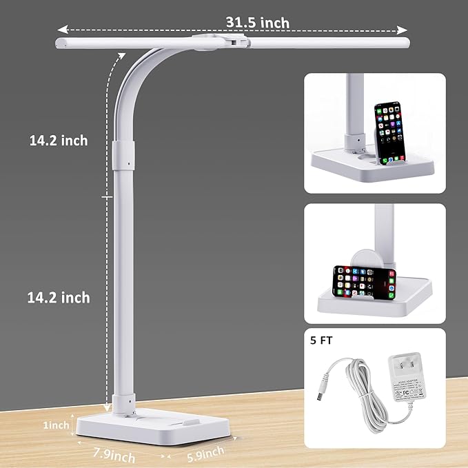 GAEFURY LED Desk Lamp for Home Office, 24W Bright Desk Lamp with Phone Holder Base - 25 Lighting Modes Eye-Caring Desk Light Adjustable Gooseneck Lamp for Workbench Drafting Reading Study-White