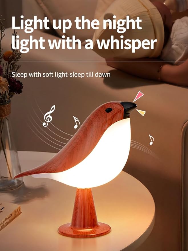 Remote control bird desk lamp in mahogany color, rechargeable small desk lamp with 3 color temperatures, remote control and touch sensor, capable of playing bird calls, built-in battery drive