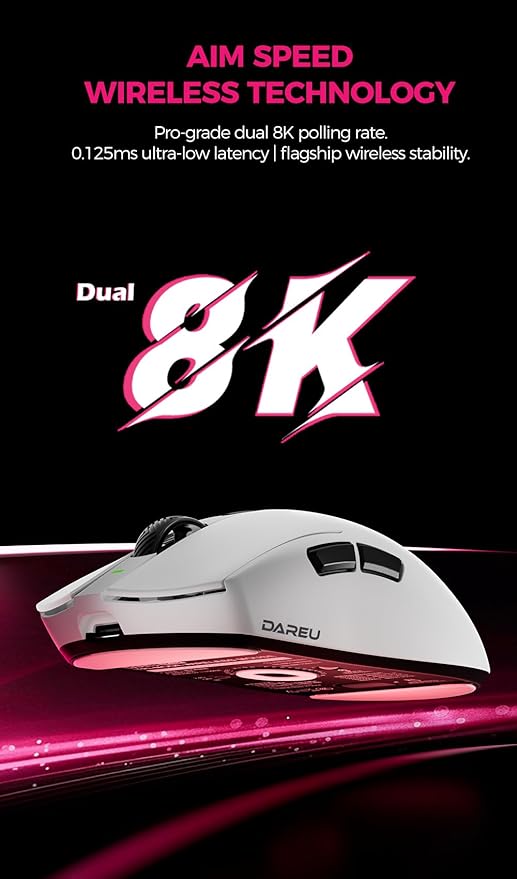 DAREU AE6 Pro Wireless Gaming Mouse, Custom PAW3950 30K Sensor, Wireless/Wired Dual 8K Polling, Display Charging Dock, Excimer Coating, 59g Lightweight, Symmetrical, Programmable,166H Battery