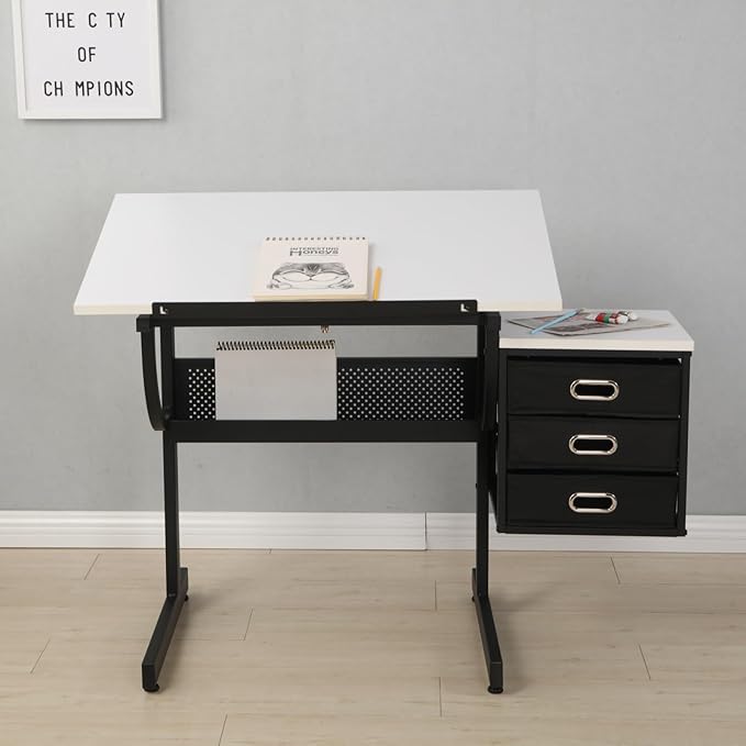 Wood Drafting Table and Stool Set, Drawing Table Artist Desk with 3 Storage Drawers for Home Office and School (White+Black)