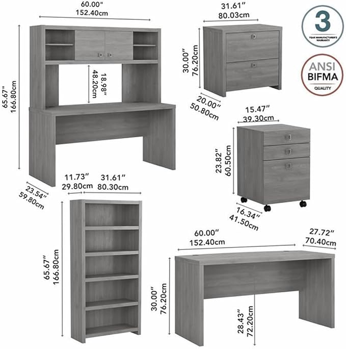 Bush Business Furniture Office by Kathy Ireland® Echo Bow Front Desk, Credenza with Hutch, Bookcase and File Cabinets in Modern Gray