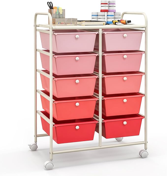 Moccha 10-Drawer Rolling Storage Cart - Under Desk Storage Drawers with wheels for Craft Art Supply Paper Salon, Scrapbook Paper Tools, Mobile Utility Cart for Classroom, Gradient Pink