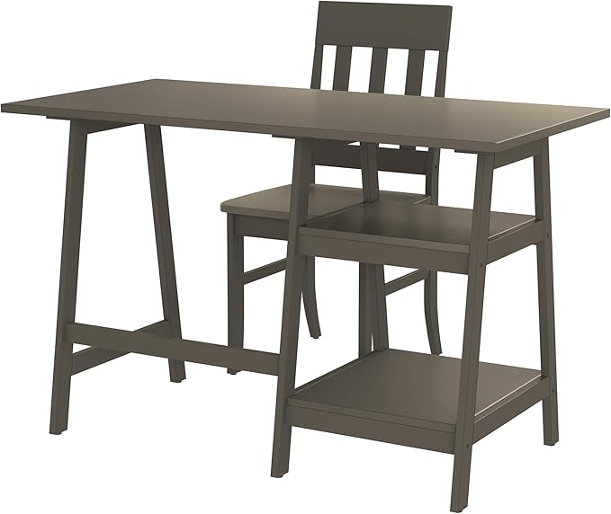 24/7 Shop at Home Myrrh Cottage 2-Piece Wood Storage Writing Desk with 2 Shelves and Chair Set for Workstation, Home Office, Study Room, Gray