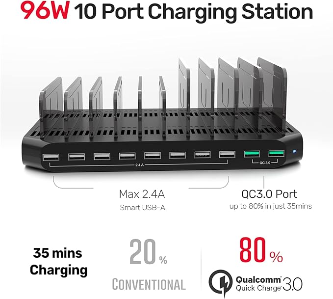 Unitek USB Charging Station for Multiple Devices, Charger Organizer Stand Dock with Dividers, Quick Charge 3.0 Compatible for Smartphone, Tablet, iPad and Other Electronics