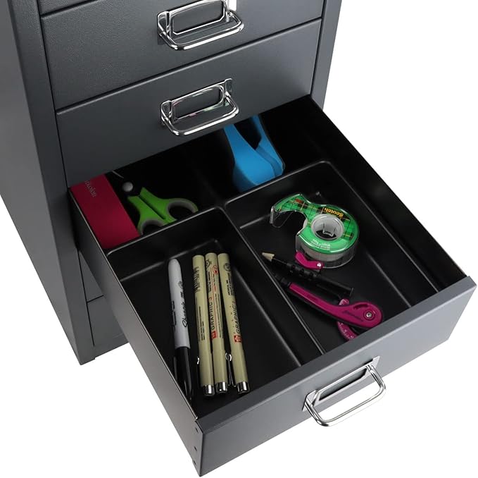 Bisley 6-Drawer Steel MultiDrawer Cabinet - Anthracite Grey, Chrome Pull Handles with Label Holders, Powder-Coated Steel, Removable Drawers, Fits Under Most Desks, Labels Included