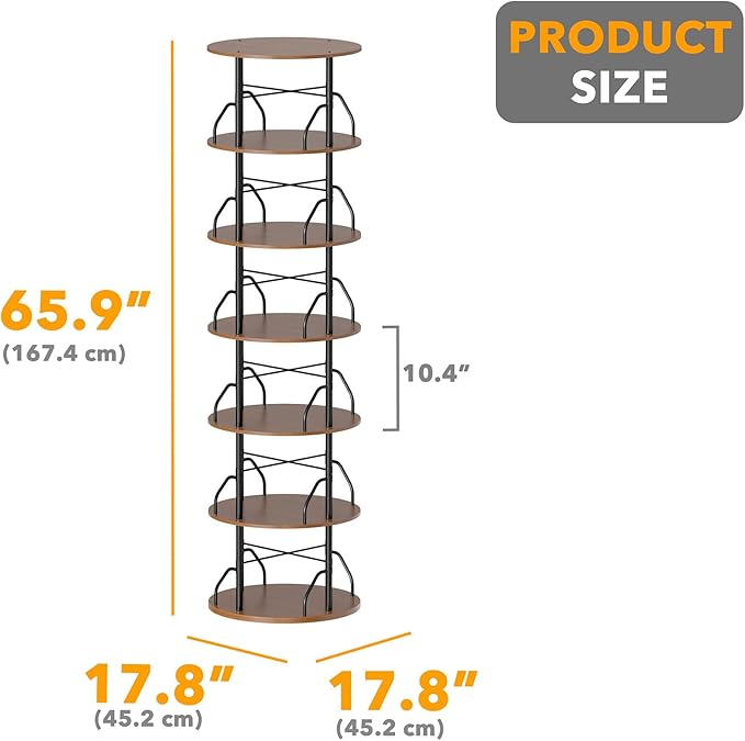 SpaceAid 6 Tier Rotating Bookshelf Tower, 360 Display Stackable Spinning Bookcase, Space Saving Revolving Round Book Shelf, Floor Standing Swivel Corner Organizer, Brown Wood