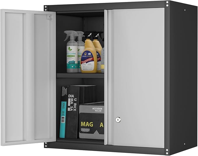 IRONFFICE Locking Cabinet,Hanging Cabinets for Wall,Garage Storage Cabinets with Lock,Metal Wall Cabinets for Garage,Warehouse,Caravans,Grey-Black