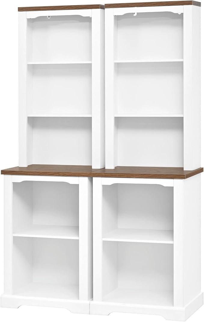 ON-Trend Two-Piece Elegant Freestanding Tall Cabinet with Fully Open Storage, Walnut Element Bookshelves with Curved Design, Stylish Display Bookcase with Anti-Tip Device for Living Room, White Refi
