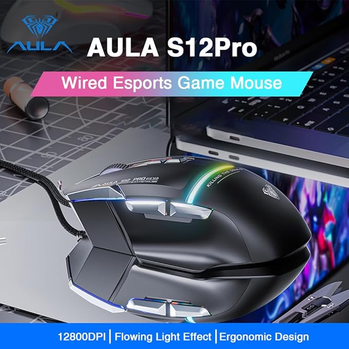AULA S12Pro Wired Gaming Mouse,12800 DPI Optical Gamer Mouse with RGB Backlit,8 Programmable Buttons,Software Supports DIY Keybinds Rapid Fire Button