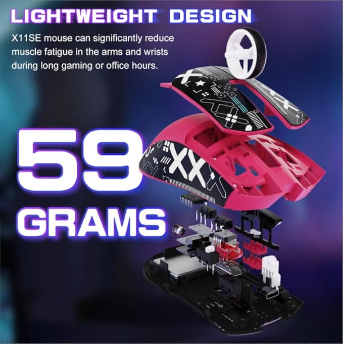 ATTACK SHARK X11SE Wireless Esports Gaming Mouse,Tri-Modes BT5.2/Type-C Wired/2.4G,PixArt PAW3311 Gaming Sensor,22K DPI,59g,5 Programmable Buttons for Laptop,PC,Mac Gamer(Berry Red&Sticker)