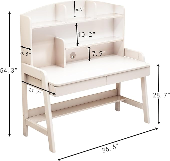 Kids Desk Rubber Wood Kids Table Children’s Study Desk with Bookshelf and Two Drawers Children Study Computer Writing Workstation for 3 and Above (White