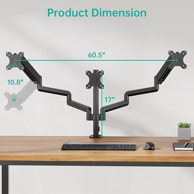 WALI Triple Monitor Mount for 13-27 inch Screens, Adjustable 3 Monitors Desk Mount with Swivel, Tilt, Clamp & Grommet Kit, Triple Monitor Stand for Desk, VESA 75x75/100x100mm (GSDM003), Black