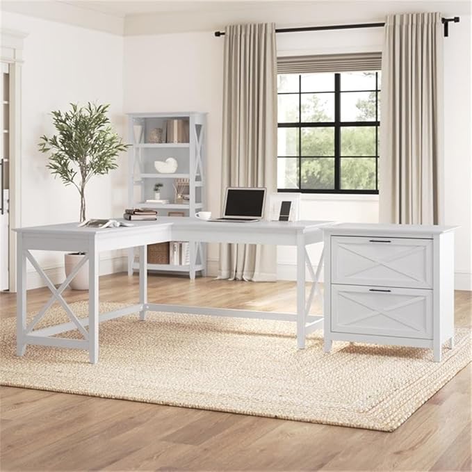 Pemberly Row Modern 60W L Shaped Desk with 2 Drawer File Cabinet, Durable Wood Construction, Coastal Farmhouse Style, X Pattern Accents, Spacious Home Office Furniture Set with Extended Work Surface