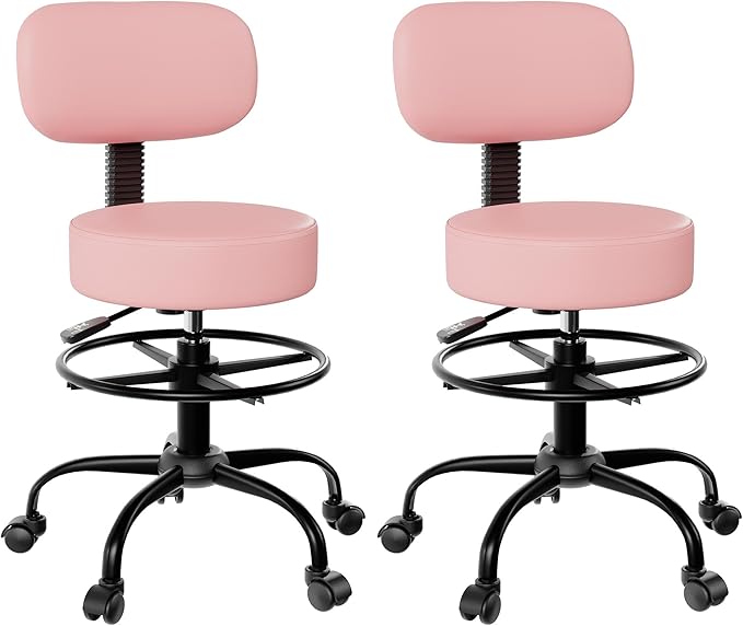 Drafting Chair with Back, Adjustable Foot Rest Rolling Stool (2, Pink)