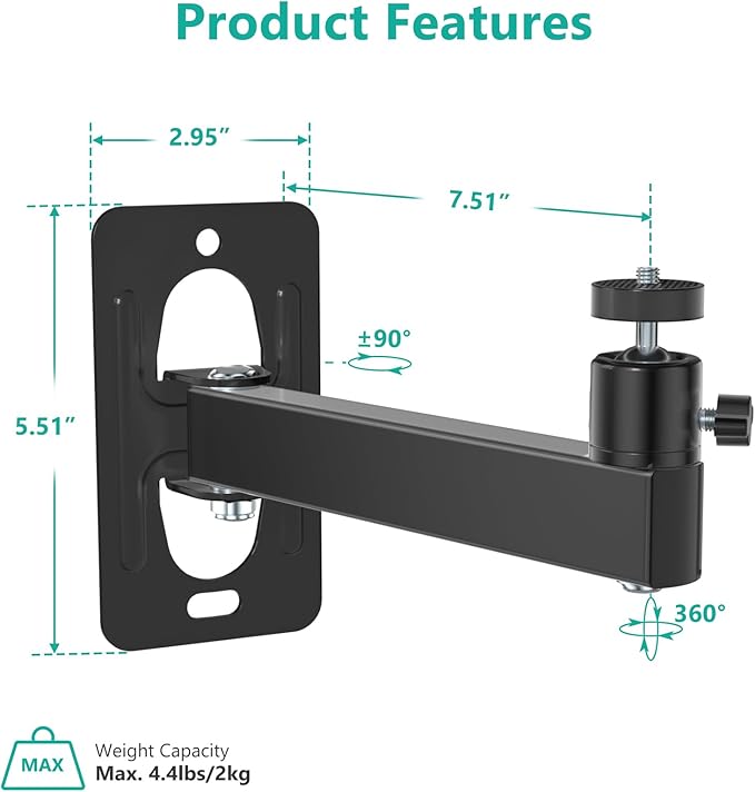 WALI Mini Projector Wall Mount, Full Motion Adjustable Bracket for 1/4" M4 M6 Screws, Hanging Holder for Small Projectors, Supports up to 4.4lbs - 1330LM-PMS, Black