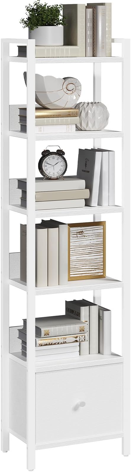 MAHANCRIS Bookshelf, 6-Tier Bookcase with Drawer, Small Book Shelf for Small Space, Storage Shelf Organizer, for Living Room, Bedroom, Study, Kitchen, White BKWT66101