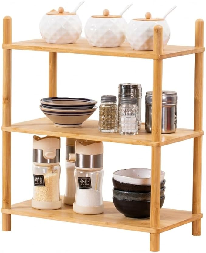 3-Tier Expandable Bamboo Desktop Organizer Shelf Kitchen Cabinet and Counter Riser Display Shelf for Top of Desk Home Office Bathroom Coffee Table Display Stand (1, Natural, 3-Tier)
