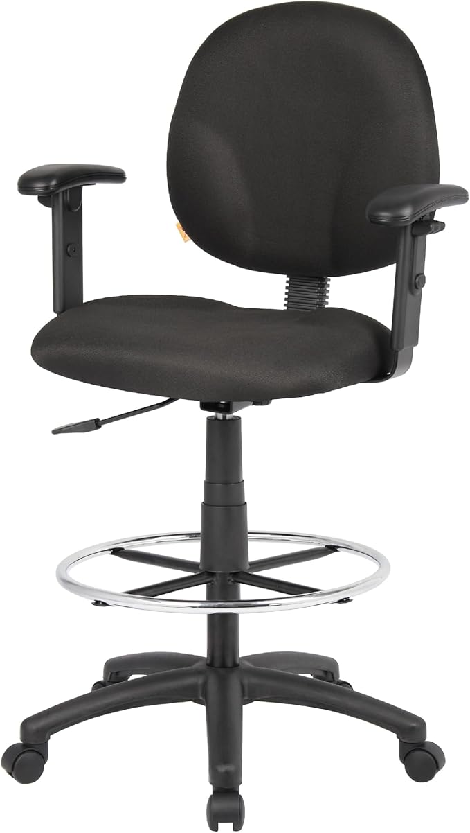 Benzara Zem Drafting Stool with Adjustable Arms & Chrome Footring, Black Crepe
