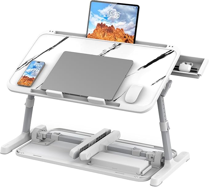 HETTHI Laptop Bed Tray Table, Adjustable Sturdy Laptop Stand for Bed with Premium Materials, Folding Portable Lap Desk with Drawer for Writing Working Reading Eating Couch Floor (Marble, 22.04"×12.2")