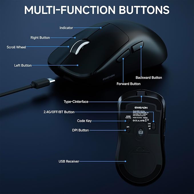SEUNKWANG EWEAND X23 Pro Gaming Mouse, Tri-Mode 2.4G/USB-C/Bluetooth Wireless Mouse, PAW3311 Sensor, 12,000 DPI, 59g Lightweight, 1ms Ultra-Low Delay, Gaming & Computer Mouse for Laptop/PC/Mac-Black