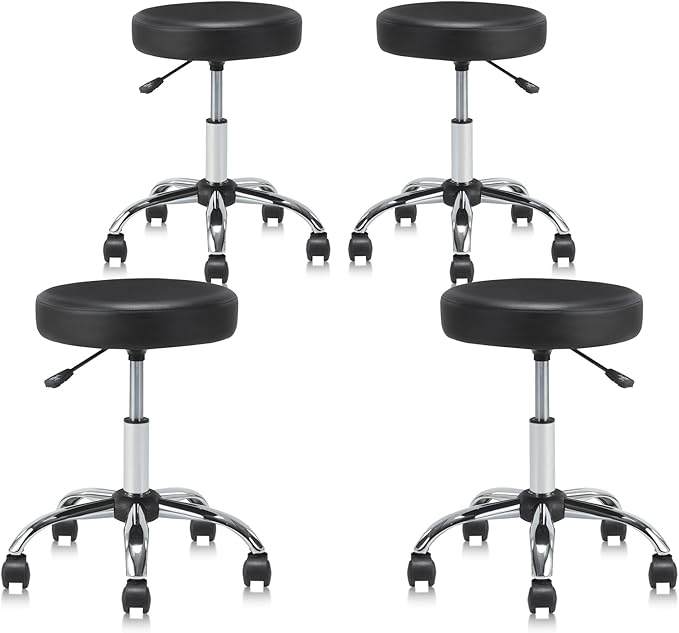 KLASIKA Set of 4 Round Rolling Stool Swivel with Wheels Adjustable Height Heavy Duty Wide Seat Drafting Stool Chair for Office Salon Massage Spa Medical Tattoo Beauty 4 Pack