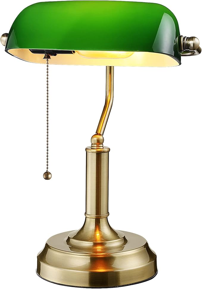 TORCHSTAR Green Glass Bankers Desk Lamp, Antique Desk Lamps with Brass Base, Traditional Library Lamp with Pull Chain, E26 Base, Vintage Desk Lamp for Office, Study Room