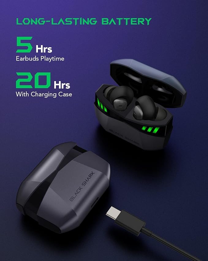 Black Shark Wireless Gaming Earbuds with Charging Case, Hi-Fi Stereo Bluetooth Game Earphones with Noise Cancelling Microphone, IPX5 Waterproof Premium Deep Bass for iPhone Android Sport Workout Music