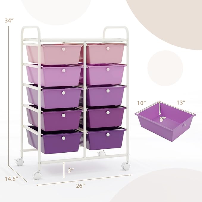 Moccha 10-Drawer Rolling Storage Cart - Under Desk Storage Drawers with wheels for Craft Art Supply Paper Salon, Scrapbook Paper Tools, Mobile Utility Cart for Classroom, Gradient Purple