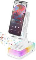 Wireless Induction Bluetooth Speaker with 360° Rotating Phone Stand, 3000mAh Large Battery, 5 in 1 Portable Cell Phone Holder with RGB Light & Emergency Charger, Tech Gifts for Men Women, (White)