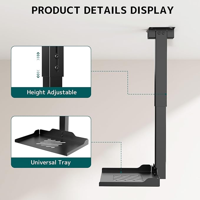 Projector Ceiling Mount with Tray, Adjustable Height Universal Bracket with Concealed Cable Management, No Hole Installation, Holds up to 22 lbs – Ideal for Home Theater & Office (Black)