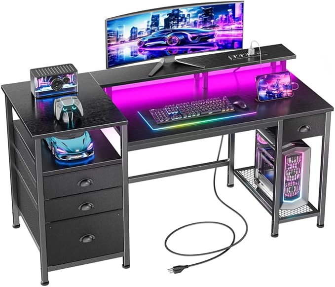 Furologee 52'' Gaming Desk with LED Lights and Power Outlets, Reversible Computer Desk with 4 Drawers, Fabric File Cabinet, Printer Space, Shelves and Monitor Stand for Home Office and Bedroom, Black
