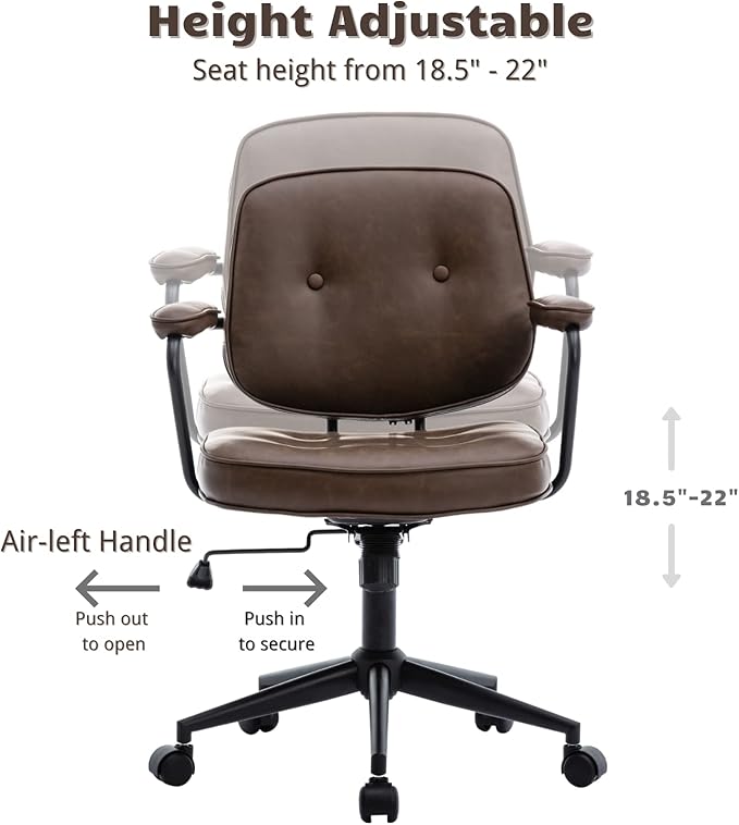 HEAH-YO Modern Armless Desk Chairs Set of 1, Swivel Computer Task Chair with Wheels and Armrests, Adjustable Office Chair with Backrest for Home Base, PU Brown