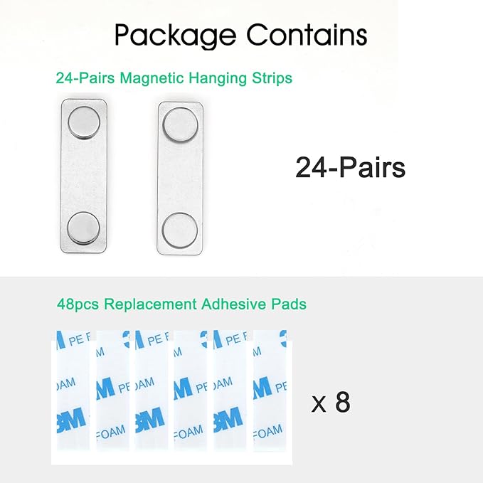 24-Pairs Magnetic Picture Hanging Strips, Magnetic Fixator Removable and Damage Free, Adhesive Strips for Frame Hanging and Home Decorations