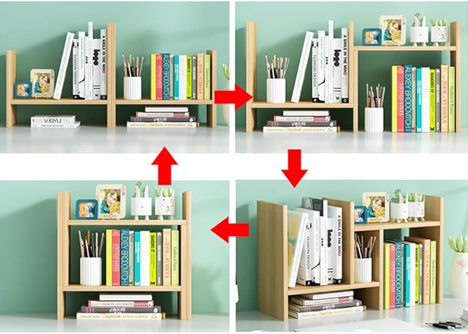 VOVCIG Desktop Organizer Expandable Office Storage Rack Adjustable Wood Display Shelf Rack Small Bookshelf Office Supplies Storage Shelf, 5 Units(Light Yellow)