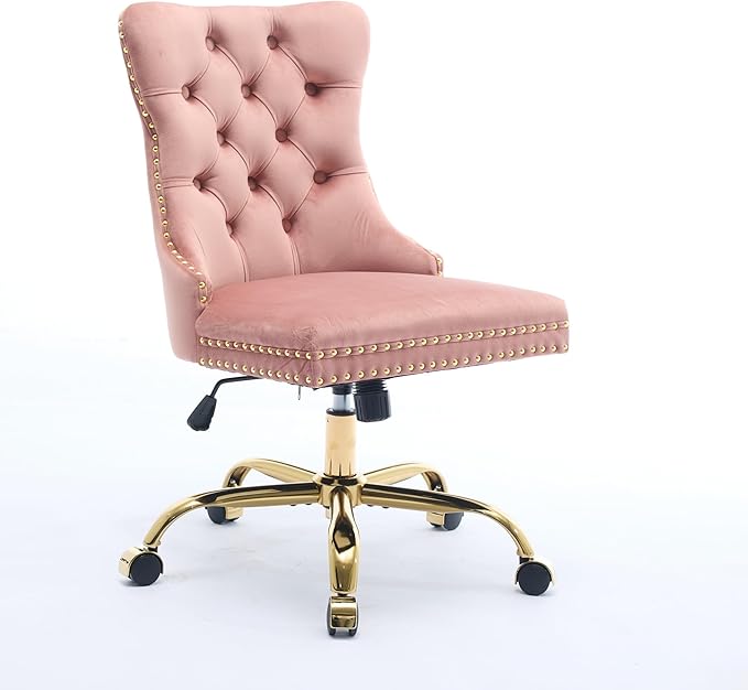 Goujxcy Desk Chair, Modern Velvet Upholstered Tufted Button Home Office Chair, 360° Swivel Armless Desk Chairs, 120°Rocking Ergonomic Computer Task Vanity Chairs, Pink