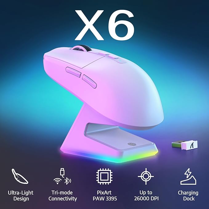 MAMBASNAKE Attack Shark X6 Wireless Gaming Mouse,RGB Magnetic Charging Dock,X3 Upgrade, 49g Ultralight 2.4GHz/BT5.2/USB-C Tri-Mode,PAW3395 Sensor 26KDPI,G502 Programmable Mice for Win/Mac - White