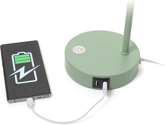 Simple Designs LD1072-SGE 15.2" Sleek Essentials Metal Cone Shade Desk Lamp with Adjustable Shade and Dual USB Ports, for Office, Desk, Nightstand, Dorm, Sage Green