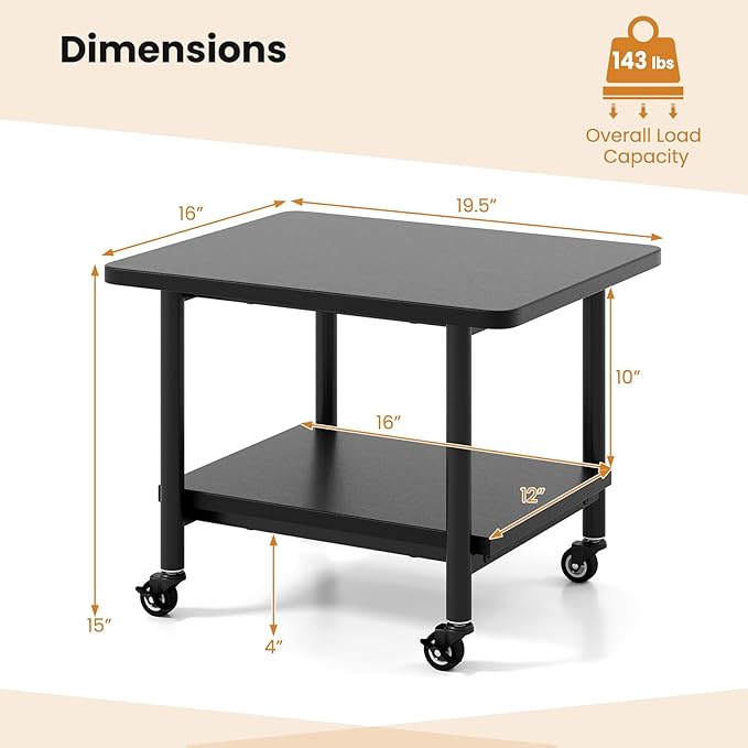 Giantex Under Desk Printer Stand, 2-Tier Mobile Printer Table with Storage Shelf, Lockable Wheels & Metal Frame, Rolling Printer Cart Holder, Storage Rack for Home Office Scanner Fax Machine (Black)