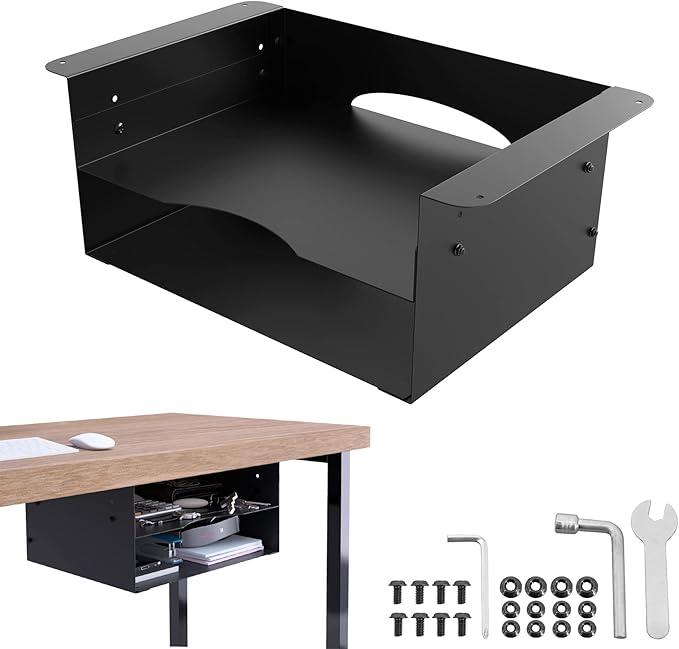 GOME Under Desk Storage Metal Shelf Double Layer Design with Adjustable Tray Organizer Drawer with Big Hole in The Back for Stand Up Desks Office Desks Workstations Tv Stand