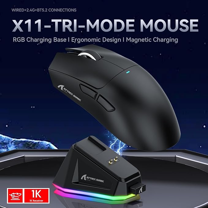 ATTACK SHARK X11 Ultra-Light Triple Mode Gaming Mouse PAW3311 Optical Sensor 22K DPI 5 programmable Buttons with Magnetic Charging Stand for PC/Mac Black