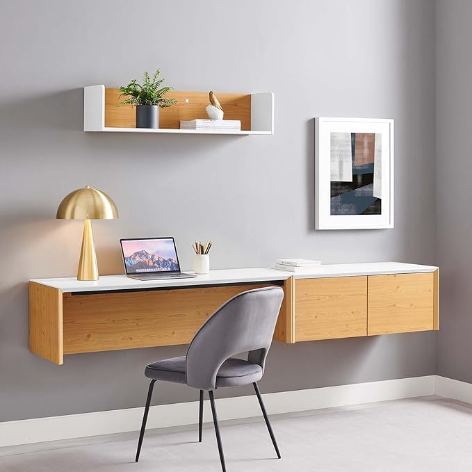 Modway EEI-6312-WHI-NAT Kinetic 49" Wall-Mount Office Desk with Cabinet and Shelf, White Natural