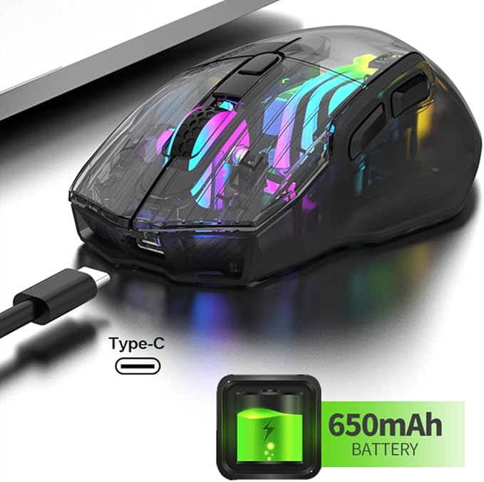 Docooler Wireless Gaming Mice with Transparent Crystal Shell, Tri-Modes(USB Wired+2.4G Wireless+Bluetooth), 3600DPI Adjustable E-Sports Mice, RGB Slient Mouse with Ergonomics Design - White/Black