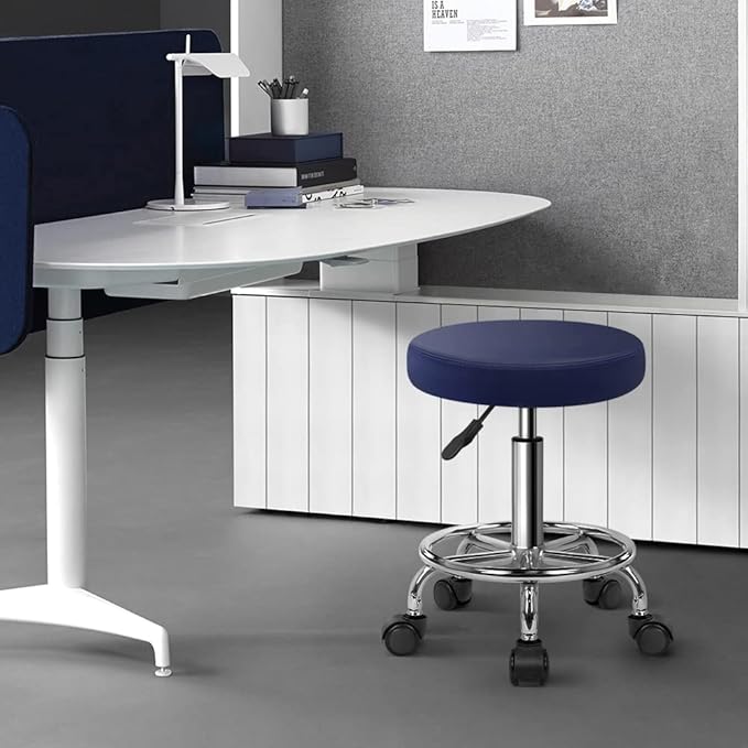 KKTONER PU Leather Round Rolling Stool with Foot Rest Swivel Height Adjustment Spa Drafting Salon Tattoo Work Office Massage Stools Task Chair Cushion 14 inches (Blue)