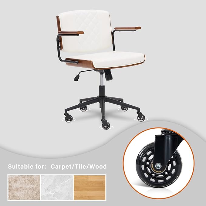 Home Office Desk Chair with Rubber Wheels, Adjustable Height Office Chair with Arms, Leather Mid Back 360° Small Computer Chair, Modern Walnut Chair for Office, Reading Meeting Room (White)