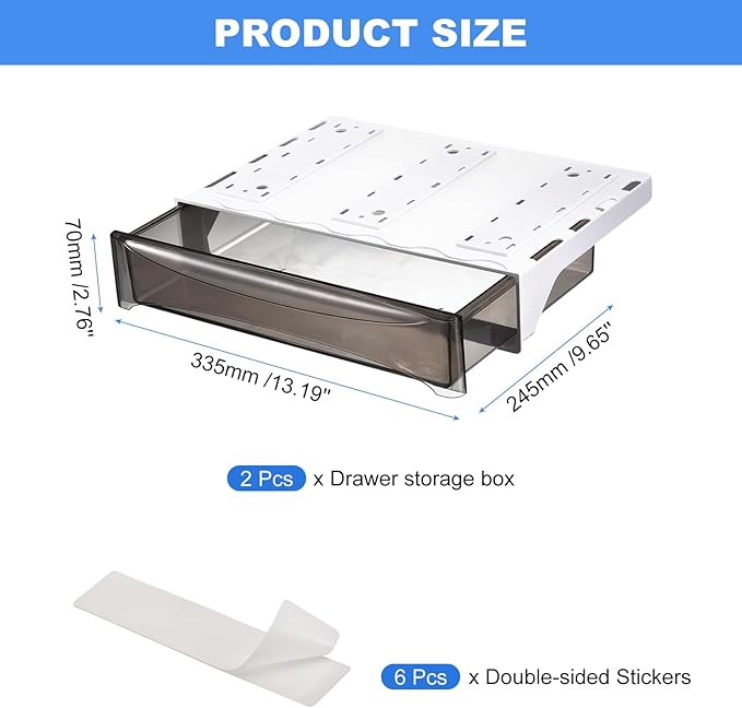 uxcell Under Desk Drawer, 2Pcs - Plastic Self-Adhesive Under Desk Storage Organizer, Slide Out Stationery Storage for Office Home (Black, 335x245 MM)