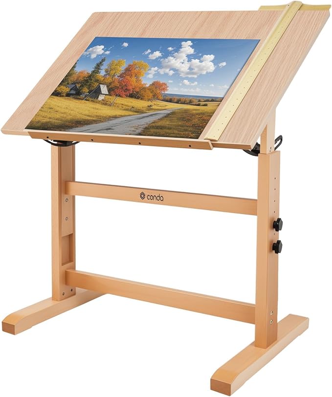 conda Wood Drafting Table - Adjustable Height, 35.5"x23.5" Plan Table for Construction with Tiltable Surface, Rustic Architect Table & Blue Print Tables for Drawing, Writing, Graphic Design