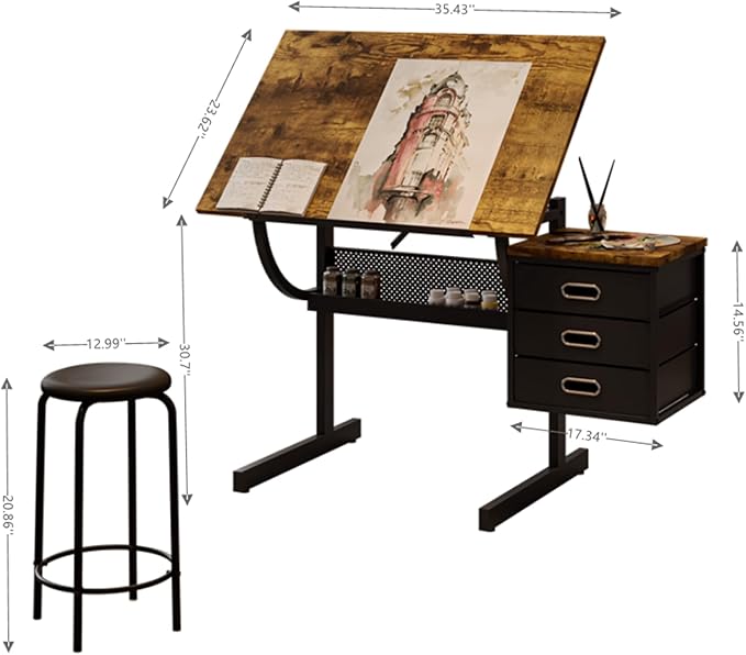 Henf Drafting Table with Stool, Adjustable Art Desk with 3 Drawers for Adults/Artists Multi-Functional Tilting Drawing Desk Wood Tabletop Paintings Work Station for Home Office Artist, Study, Writing