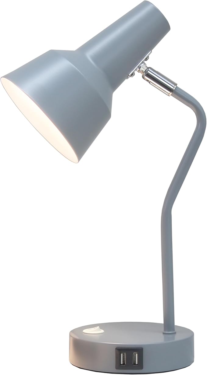 Simple Designs LD1072-GRY 15.2" Sleek Essentials Metal Cone Shade Desk Lamp with Adjustable Shade and Dual USB Ports, for Office, Desk, Nightstand, Dorm, Gray