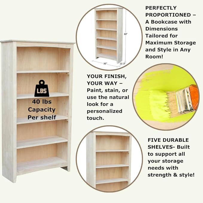 Solid Wood Bookcase 60" High Unfinished Parawood Shelves, Adjustable Storage Organizer, Kitchen/Dining Furniture