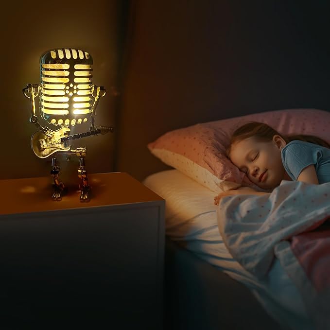 Vintage Microphone Guitar Robot Lamp, Music Gifts for Men, Cool Gifts for Music Lovers, Vintage Light Home Decor Nightstand Desk Lamp for Bedroom, Music Studio (Yellow)